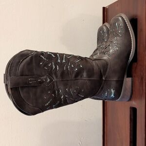 New Hisea Women's Western Boots Brown With Turquoise Glitter Cutouts Size 7